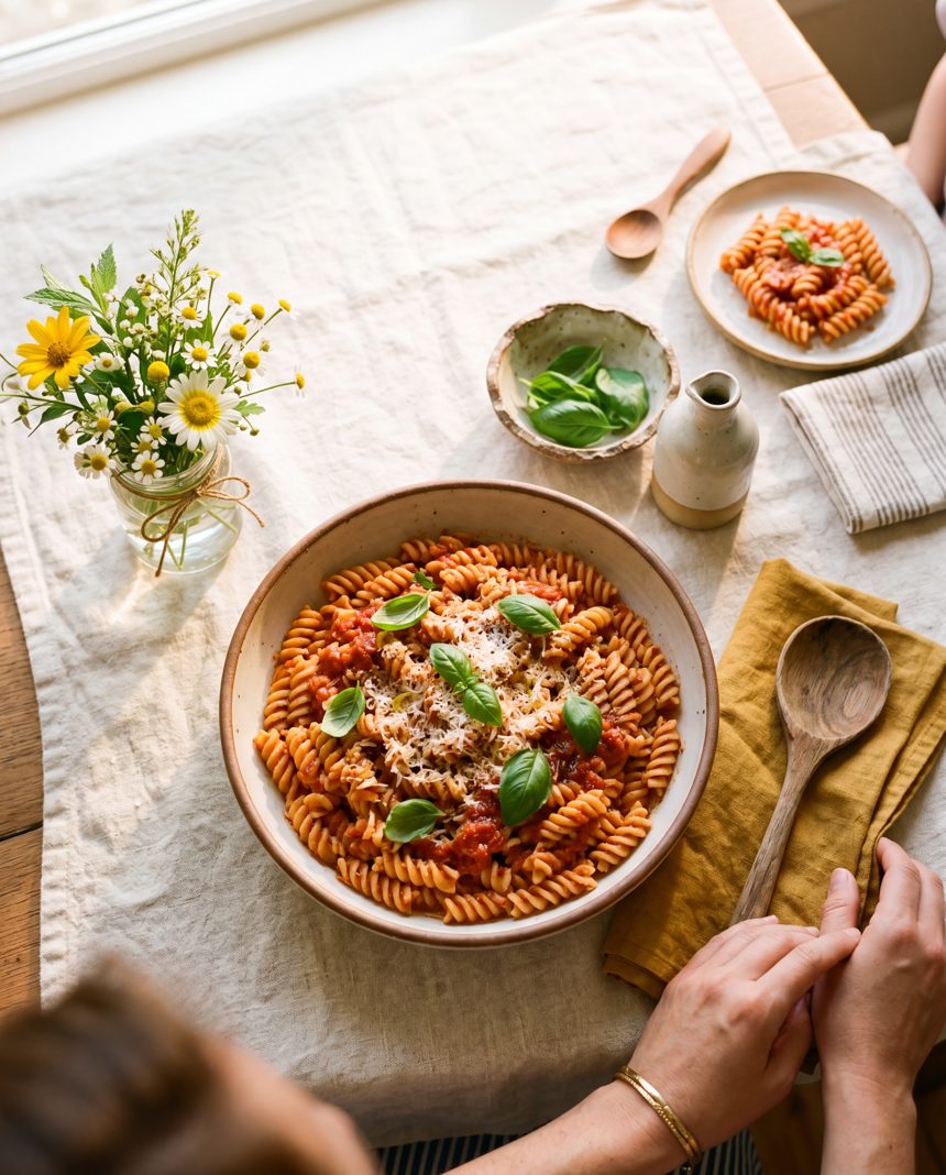 Domowy makaron pomodoro na słonecznym, rodzinnym stole