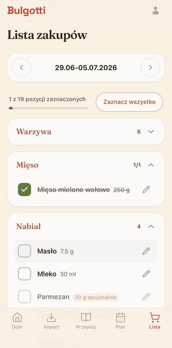 Ekran zrób zakupy w aplikacji Bulgotti